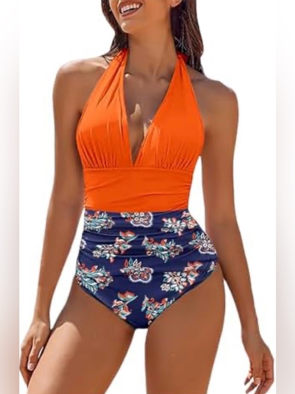 Orange Halter V-Neck One-Piece Swimsuit with Navy Floral Bottom
